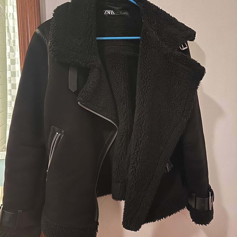 Zara Black Faux Shearling Biker Jacket